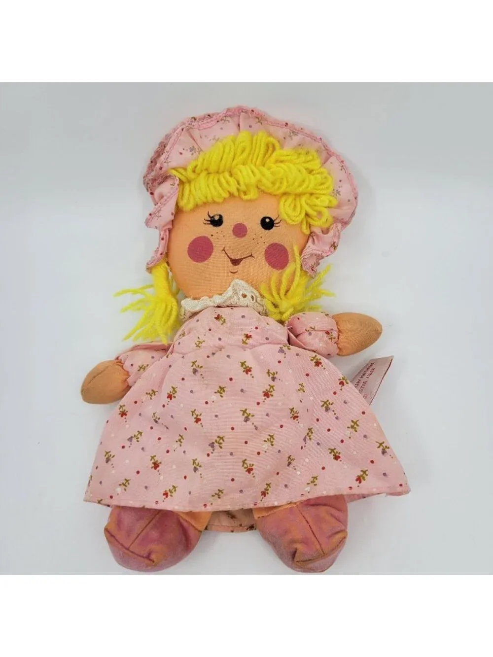 Dan Dee Happy Sad Cloth Rag Doll Vintage 1982 Pink Floral Dress & Bonnet Yarn Ha